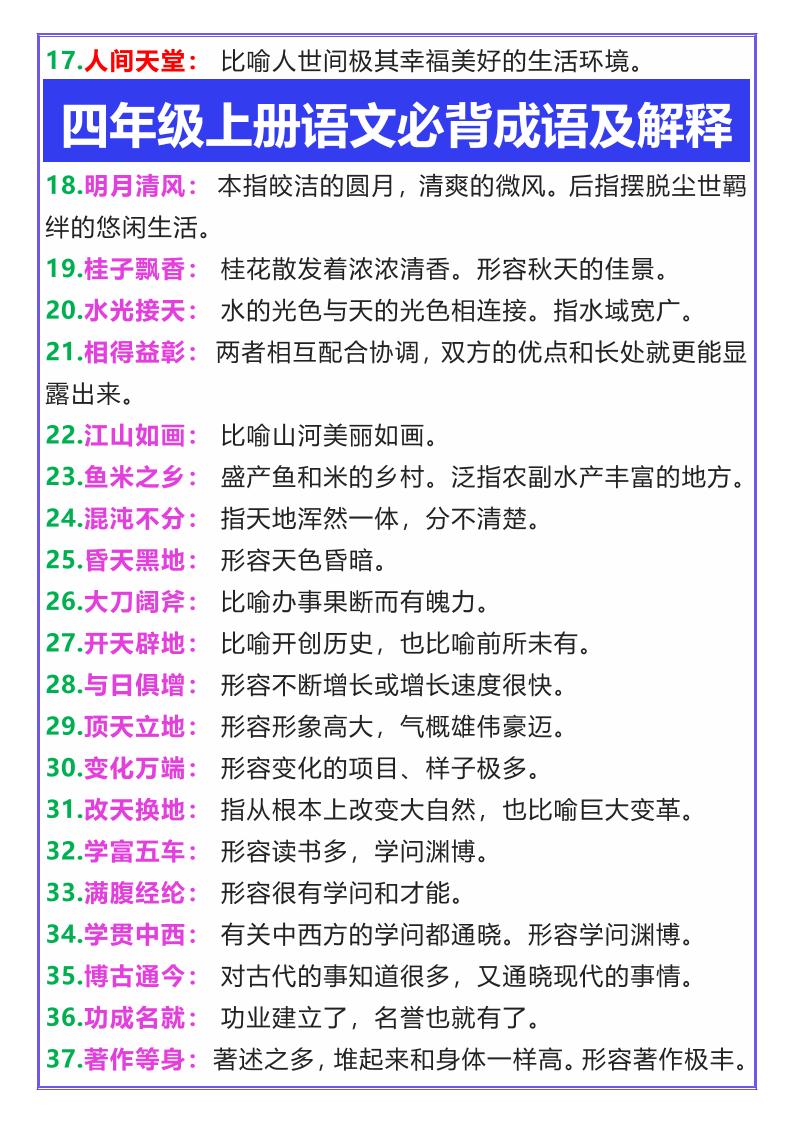 【2025秋新版】四年级上册语文必背成语及解释-青禾学社