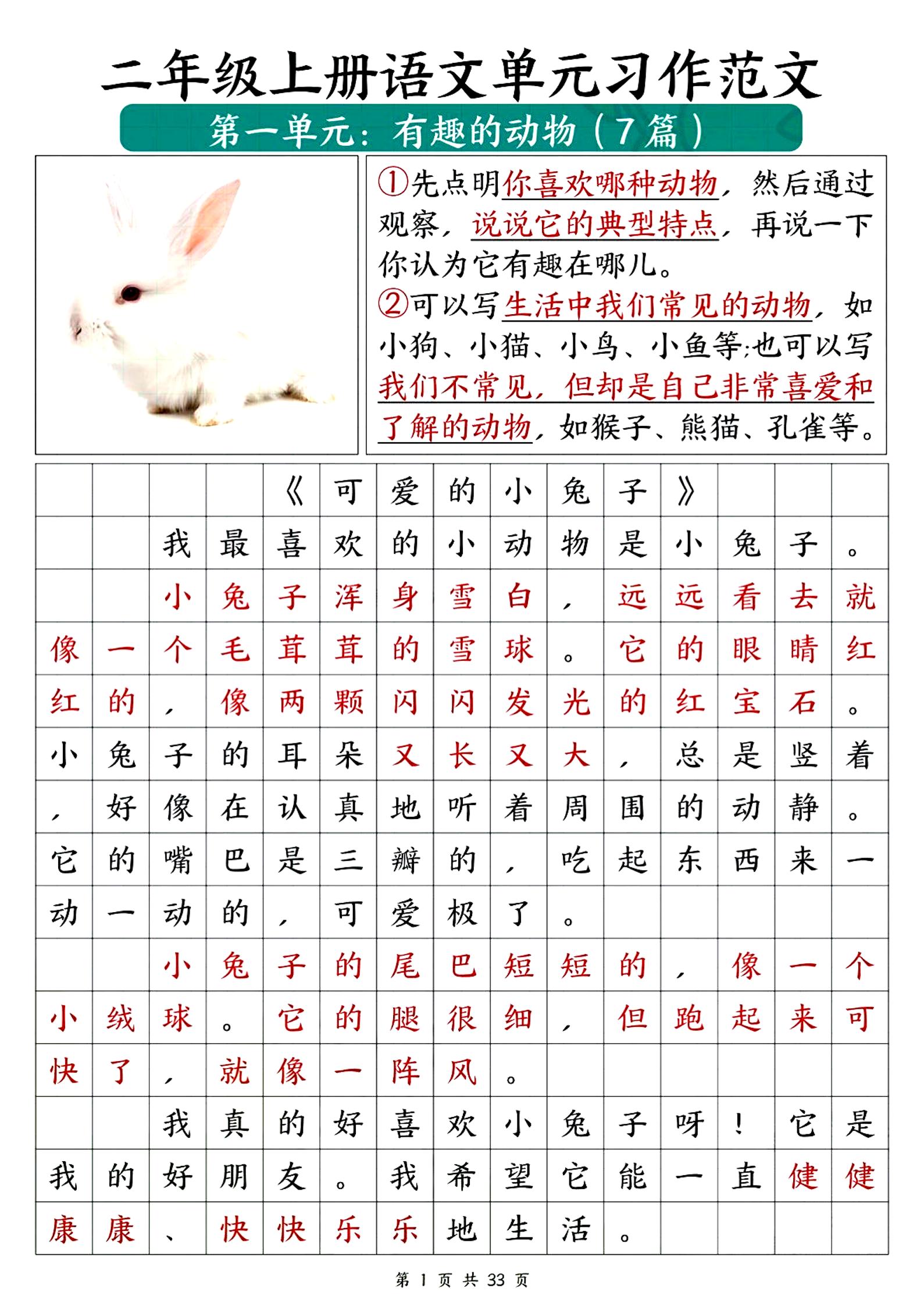 二上语文1-8单元必备优秀写作范文33篇（33页）-青禾学社