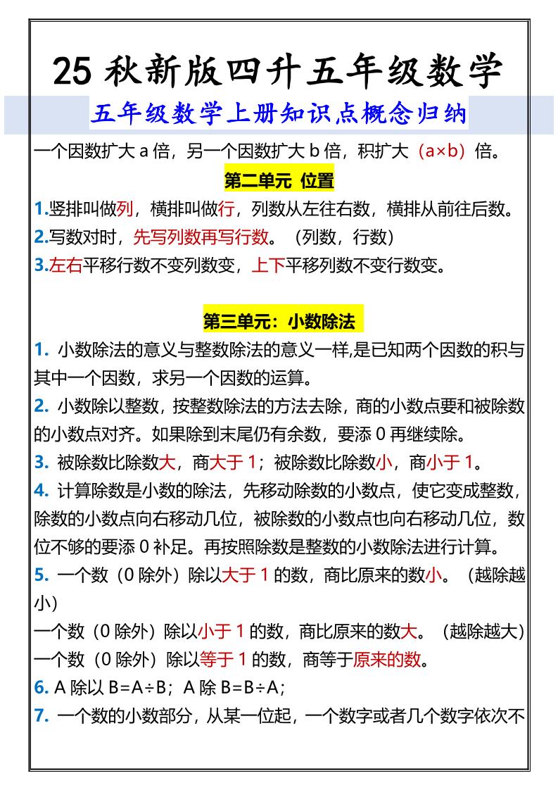 【2025秋新版】五年级数学上册知识点概念归纳-青禾学社