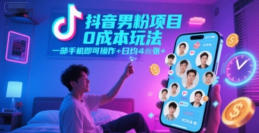 抖音男粉项目0成本玩法,一部手机即可操作,日均4张+,时间自由-青禾学社