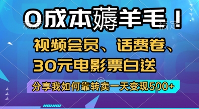 0成本薅羊毛!视频会员、话费卷、30元电影票白送,分享我如何靠转卖一天变现5张+【揭秘】-青禾学社