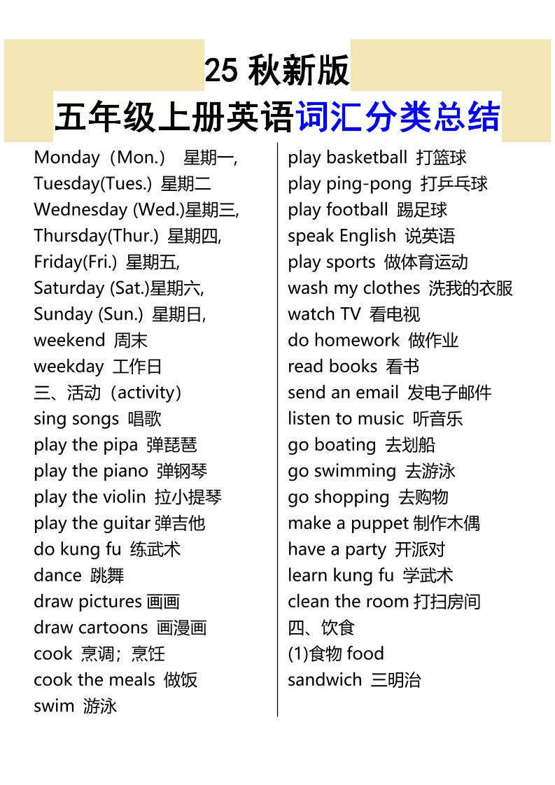 【2025秋新版】五年级上册英语词汇分类总结-青禾学社