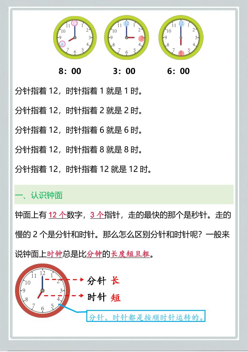 【2025秋新版】一年级上册数学『认识钟表』知识点梳理-青禾学社