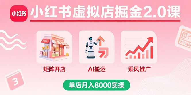 小红书虚拟店掘金2.0课，矩阵开店+AI搬运+乘风推广，单店月入8000实操-青禾学社