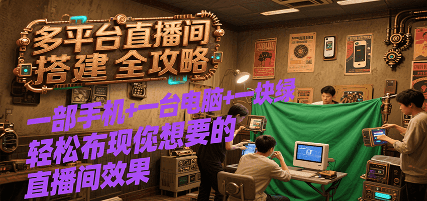 多平台直播间搭建全攻略，一部手机+一台电脑+一块绿布轻松实现你想要的直播间效果-青禾学社