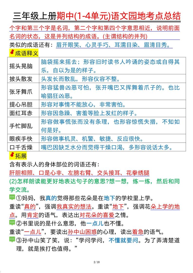 三年级上册期中(1-4单元)语文园地考点总结纯图版-青禾学社