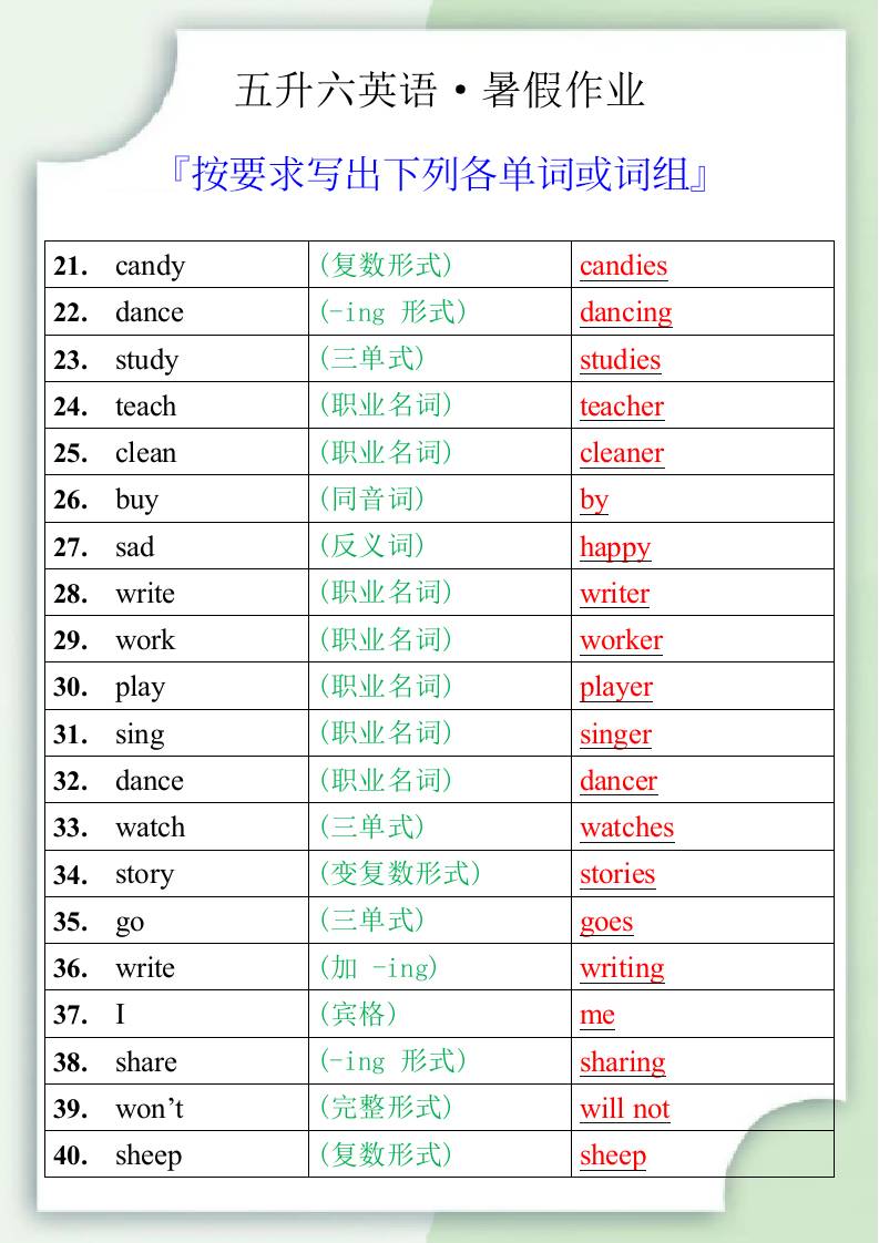 五升六英语暑假作业之按要求写出下列各单词或词组-六上英语-青禾学社