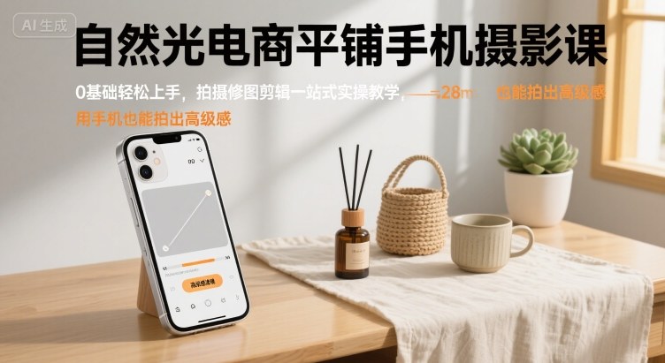 自然光电商平铺手机摄影课,0基础轻松上手,拍摄修图剪辑一站式实操教学,用手机也能拍出高级感-青禾学社