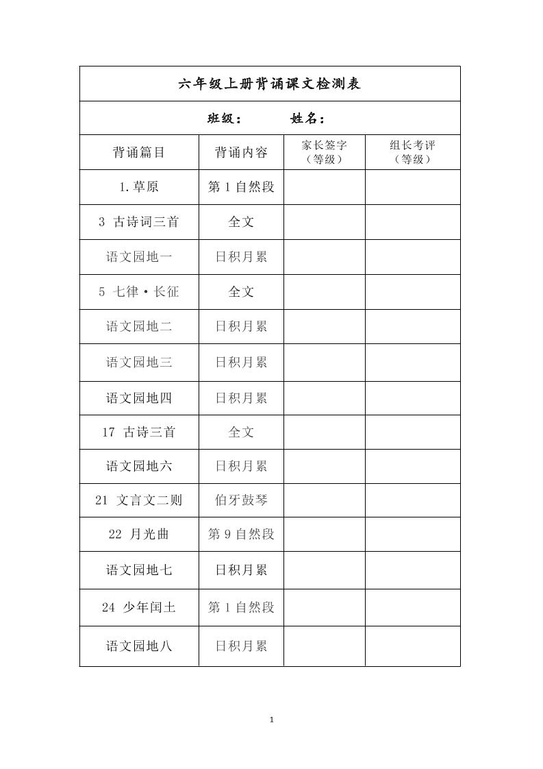 六年级上册背诵课文检测表及内容-语文-青禾学社