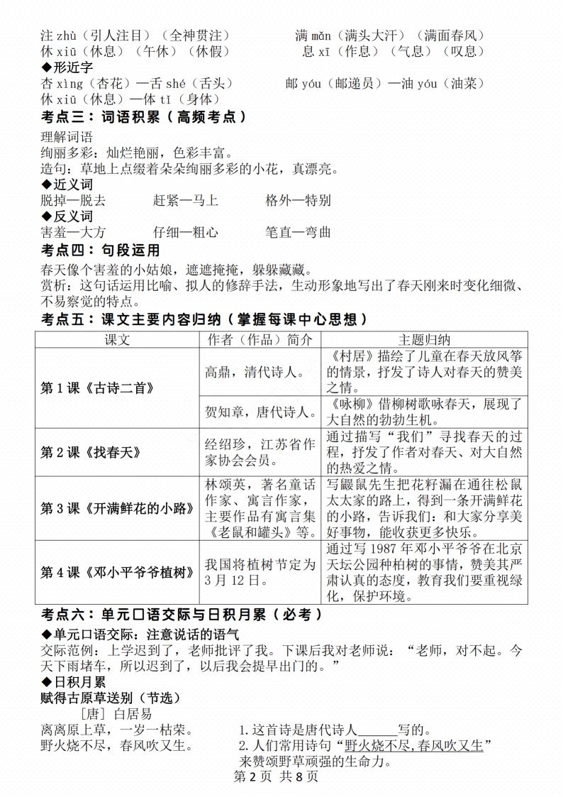 二年级下册语文期中地毯式复习重点8页-青禾学社