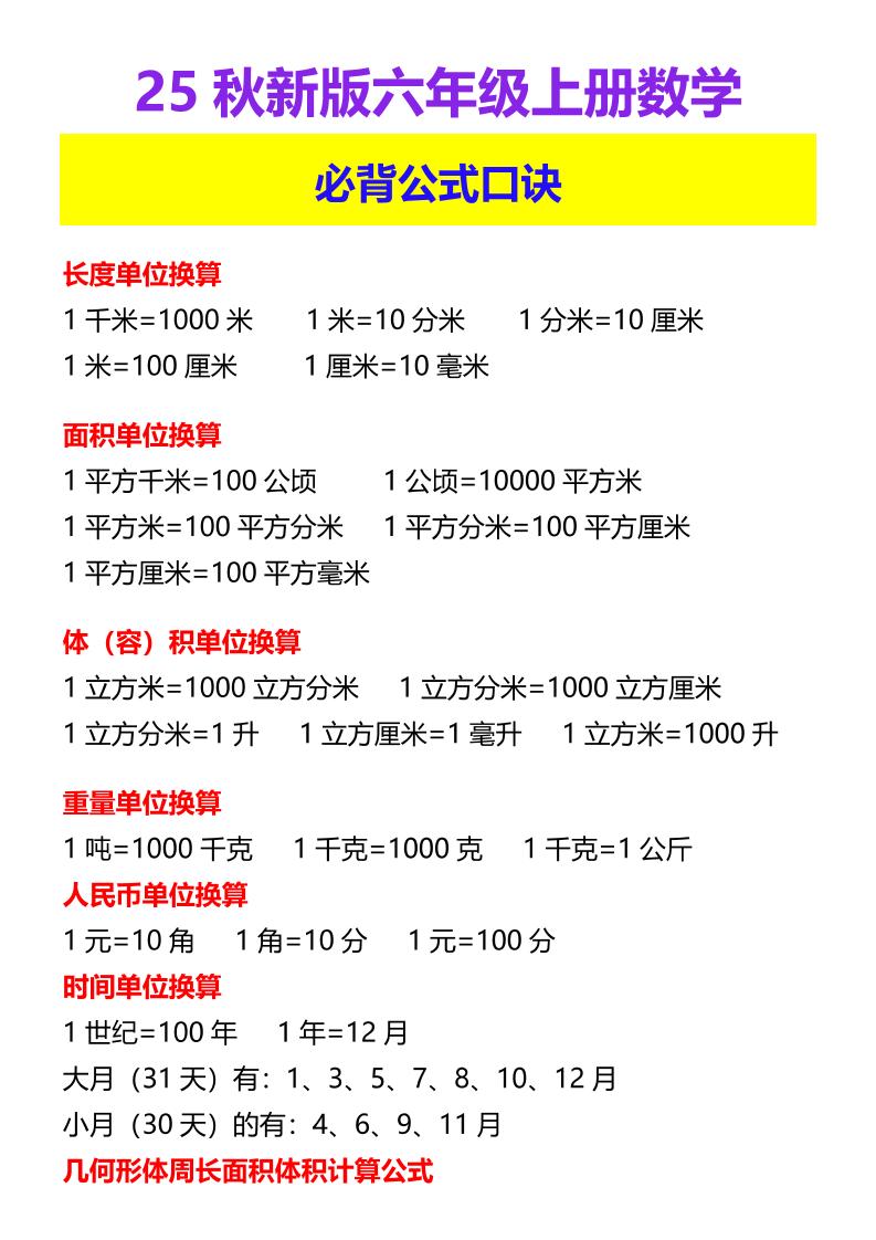 【2025秋新版】六年级上册数学必背公式口诀-青禾学社