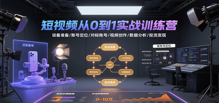 短视频从0到1实战训练营:设备准备/账号定位/对标账号/视频创作/数据分析/投流变现-青禾学社