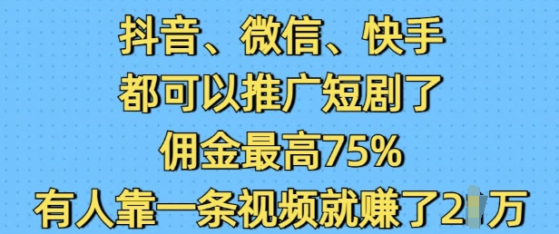 抖音微信快手都可以推广短剧了,佣金最高75%,有人靠一条视频就挣了2W-青禾学社