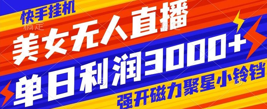 快手挂机，美女无人直播，强开磁力聚星小铃铛，日入3000+-青禾学社