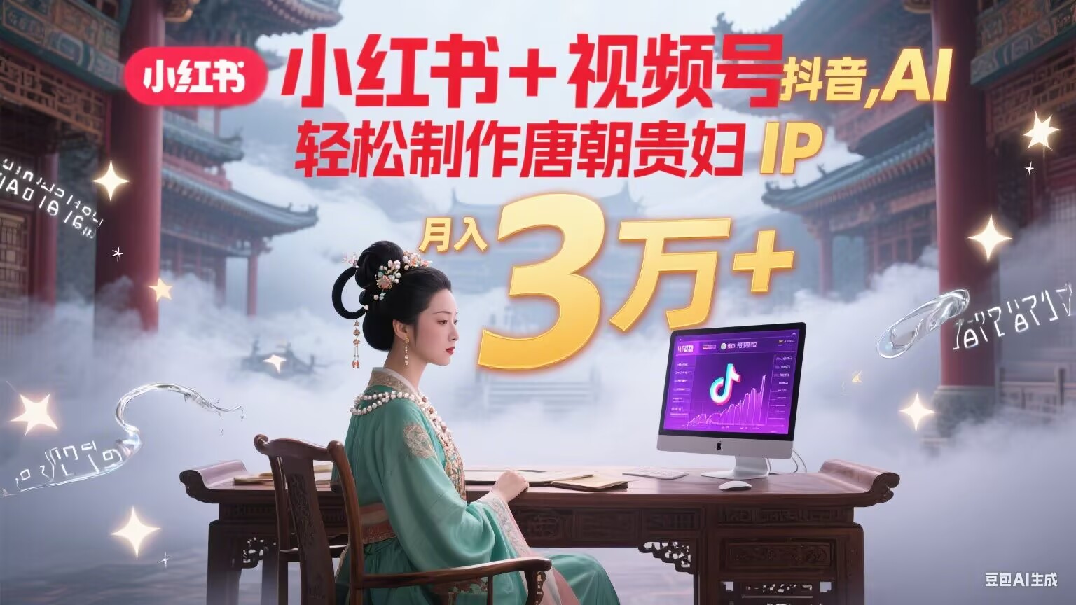 小红书+视频号+抖音,AI轻松制作唐朝贵妇IP,毒鸡汤、励志、减肥瘦身、养生赛道轻松切入,每天30分钟,轻松产出N条,月入3万+-青禾学社