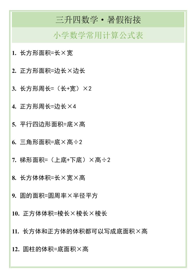 三升四暑假衔接，小学数学常用计算公式表-四上数学-青禾学社