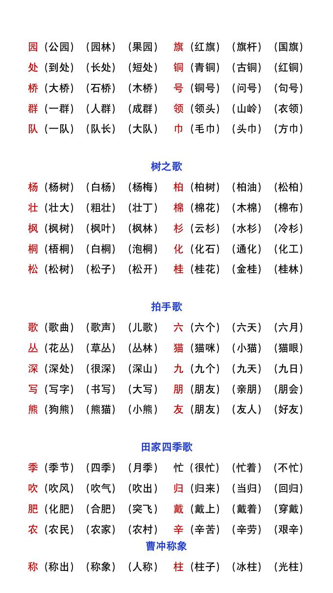 二年级上册语文暑假预习重点《生字组词汇总》-青禾学社