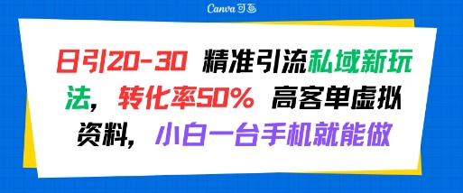 日引 20-30 精准引流私域新玩法，转化率50% 高客单虚拟资料，小白一台手机就能做-青禾学社