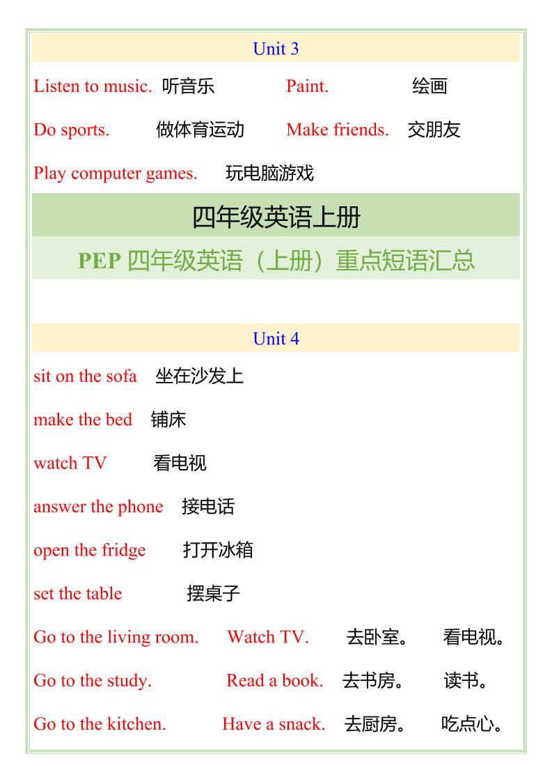 【2025秋新版】四年级英语（上册）重点短语汇总-青禾学社
