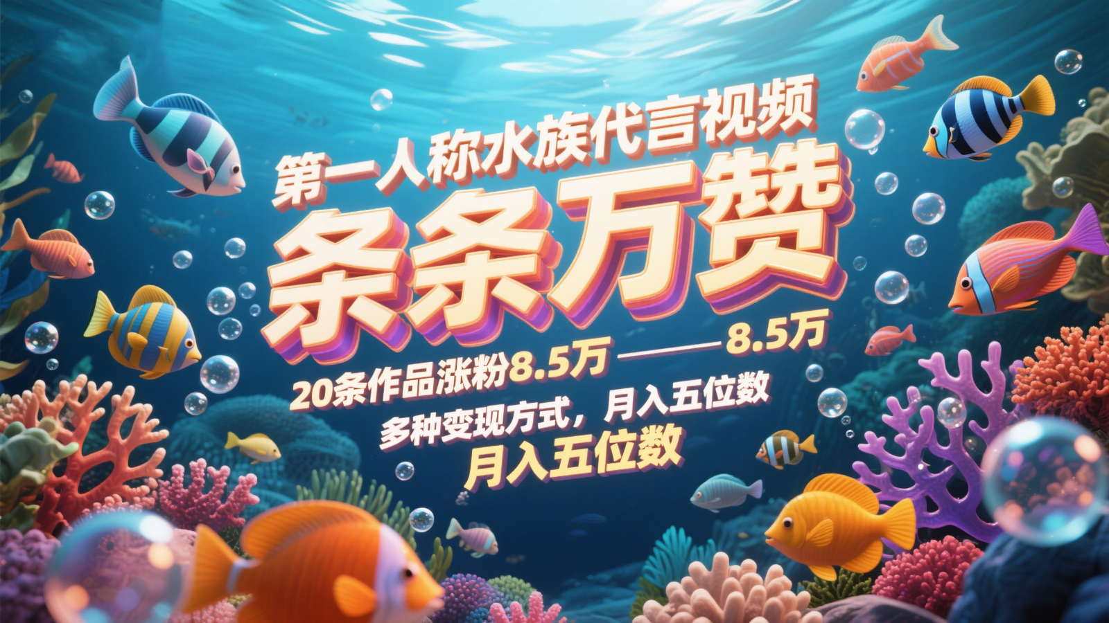 第一人称水族代言视频,条条万赞,20条作品涨粉8.5万,多种变现方式月,入五位数-青禾学社