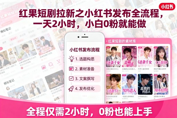 红果短剧拉新之小红书发布全流程，一天2小时，小白0粉就能做-青禾学社