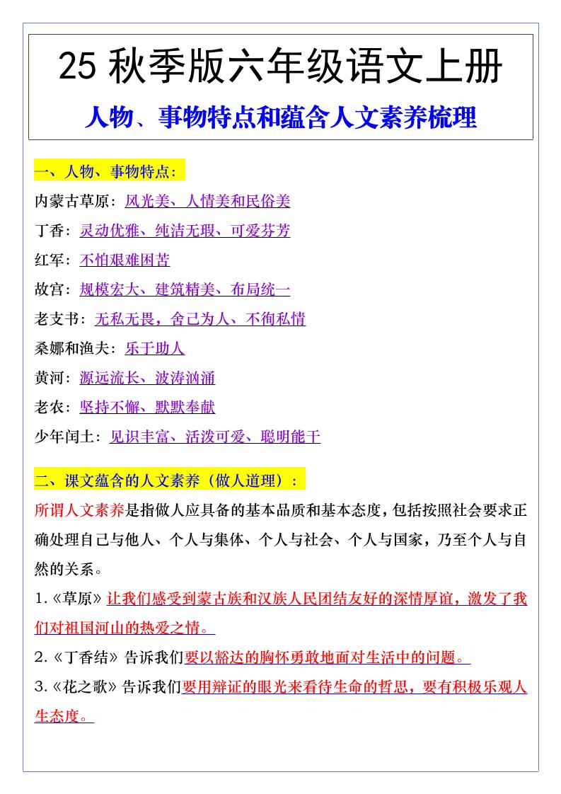 【2025秋新版】六年级语文上册人物、事物特点和蕴含人文素养梳理-青禾学社