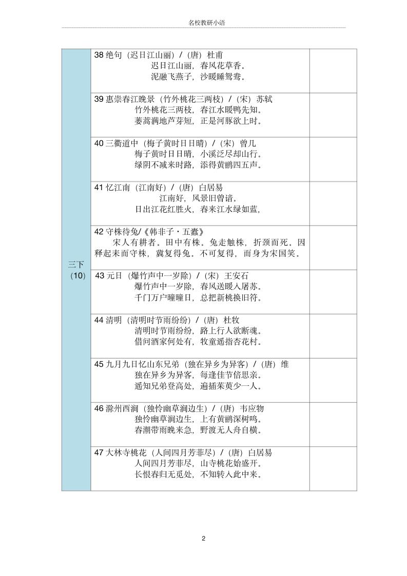 三年级古诗文背诵记录表-三上语文-青禾学社