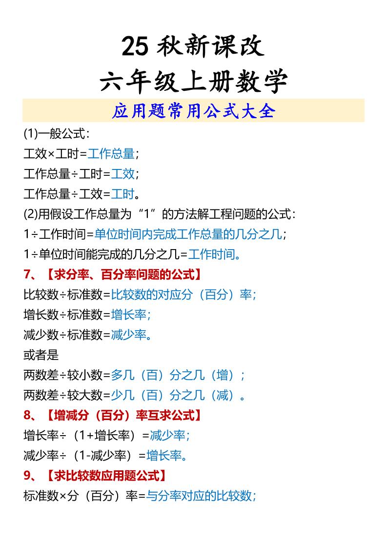 【2025秋新版】六年级上册数学应用题常用公式大全-青禾学社