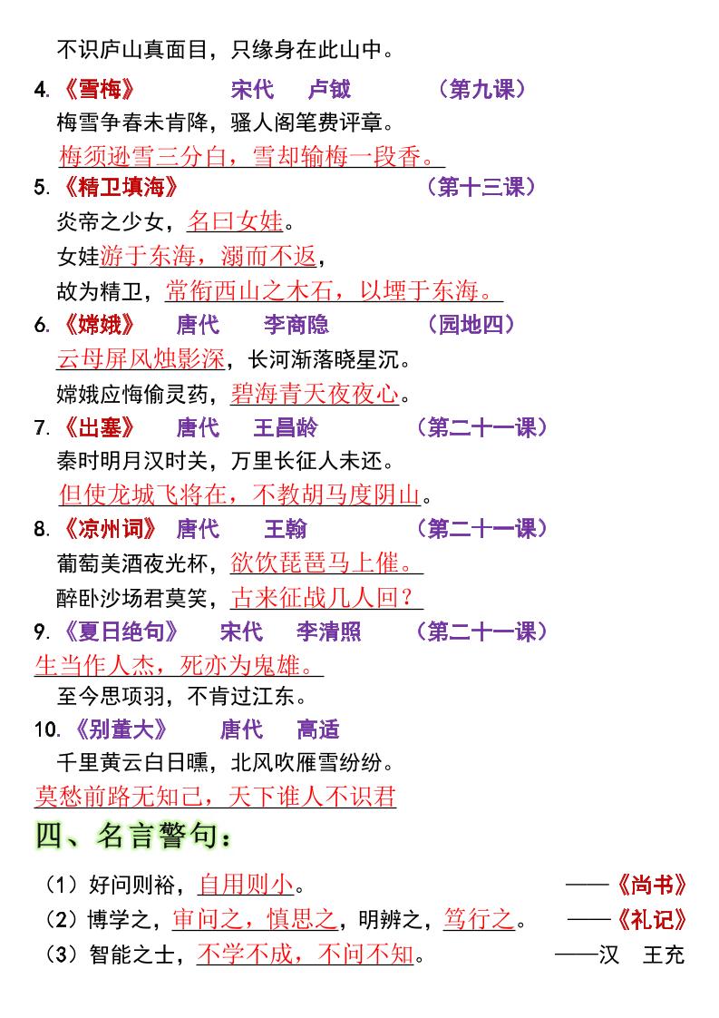 全册高频考点归类（节选）】四上语文-青禾学社